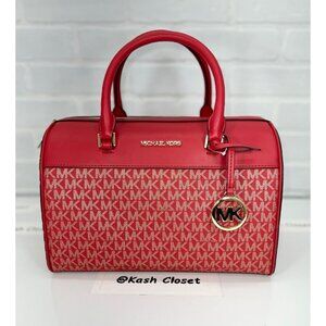 Michael Kors duffle bag satchel jet set travel purse MK signature bright red mlt